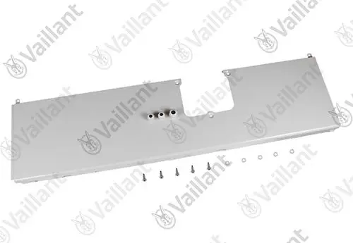 Vaillant Rückwand in silberner Metalloptik mit mehreren Öffnungen und Schraublöchern, geeignet zur Montage in Heizsystemen.